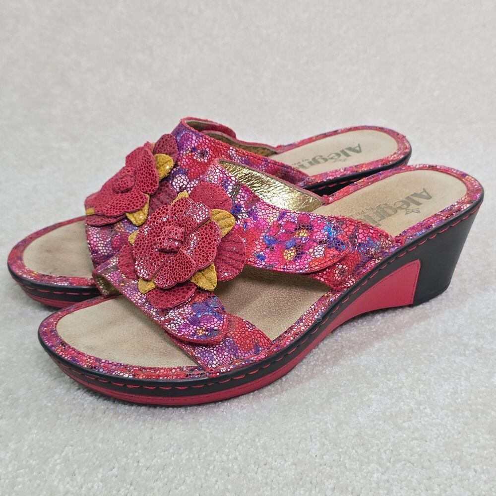 Alegria Lana  Red Leather Wedge Platform Sandals Flower Women's Size 37